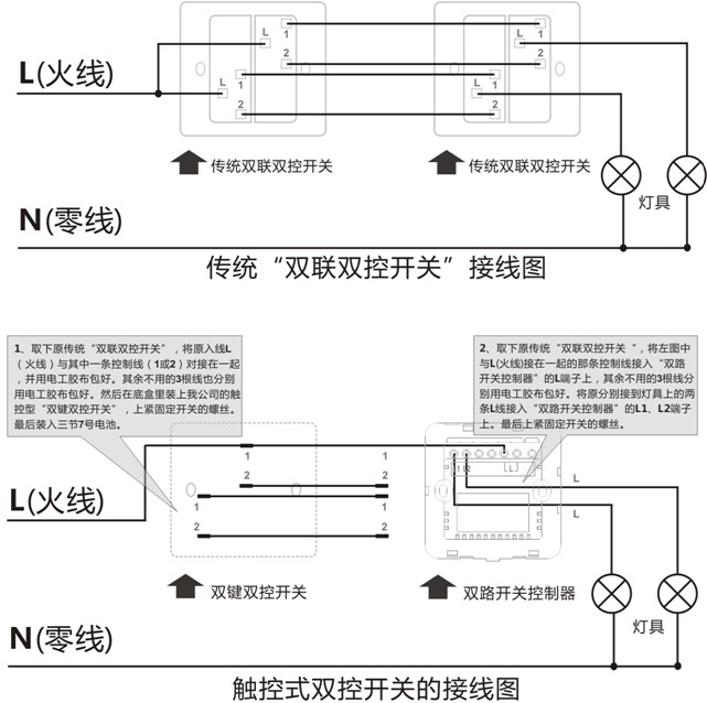 KOTI后现代智能双控开关/场景开关接线方式1