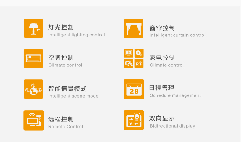 KOTI客厅娱乐智能控制系统可实现：灯光控制、窗帘控制、空调控制、家电控制、智能情景模式、日程管理、远程控制及双向显示等功能。
